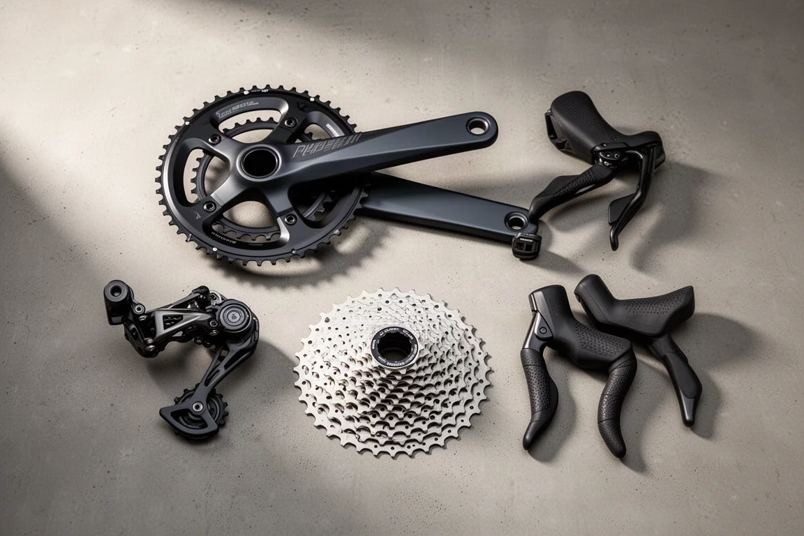 Grupo mecánico para bicicleta de gravel con manetas, cambio trasero, cassette y bielas sobre hormigón