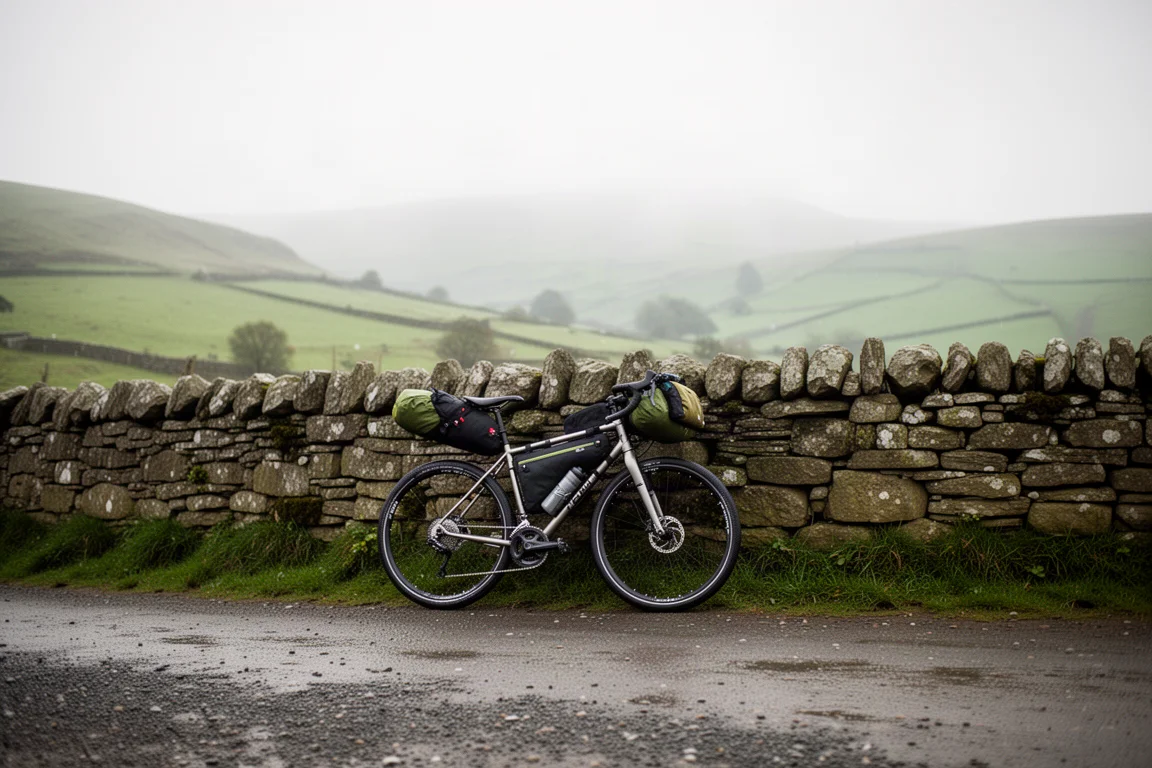Gravel bike resting against a stone wall on a misty country lane at first light