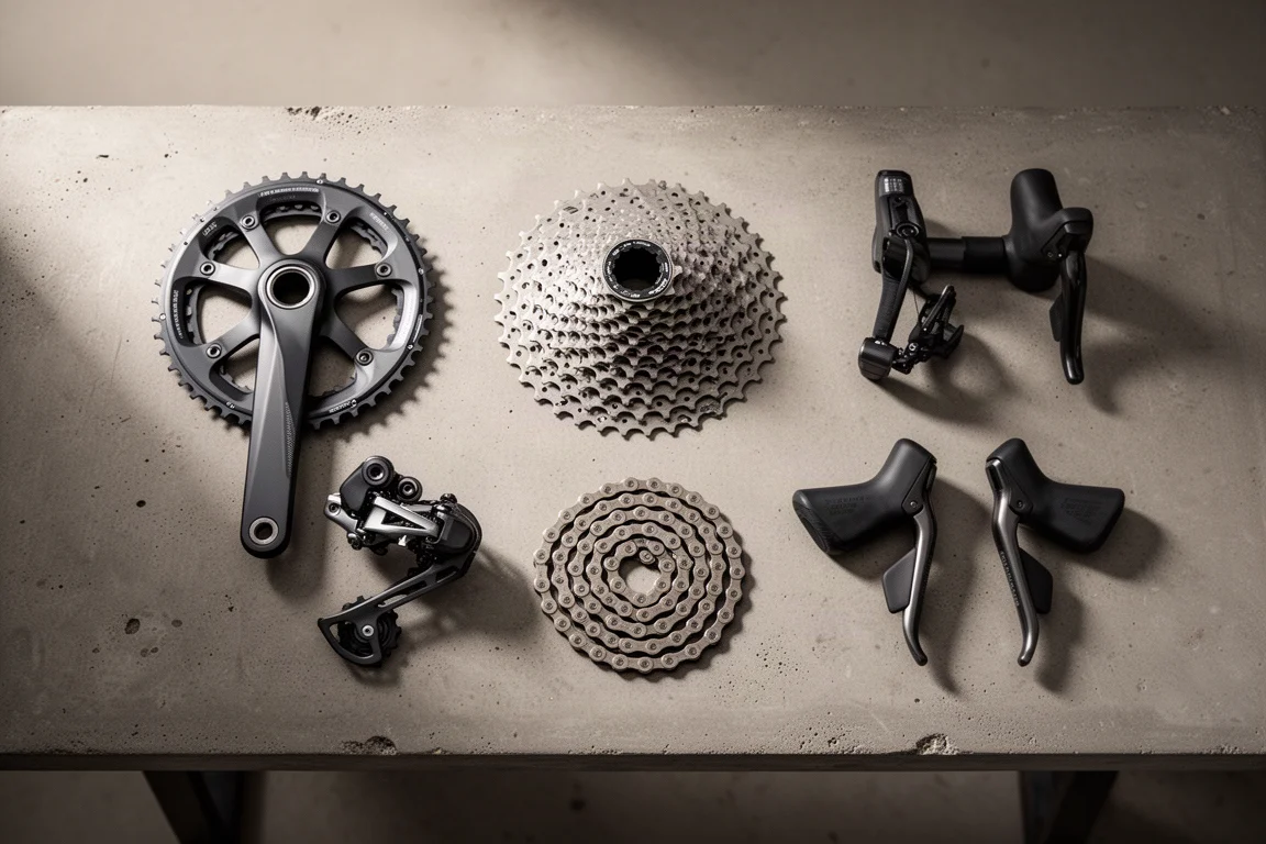 Overhead flat-lay of a chain, bottom bracket, brake calipers and rotors on concrete