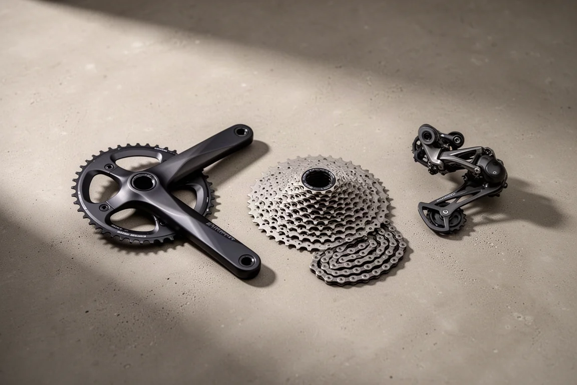 Mechanical gravel groupset components arranged on a matte concrete surface