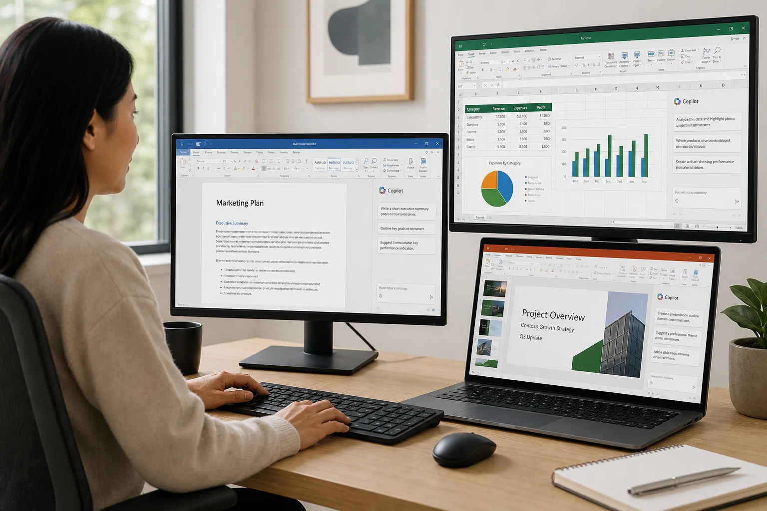 使用者正在操作筆記型電腦，螢幕上開啟了 Microsoft 365 應用程式與 Copilot 面板