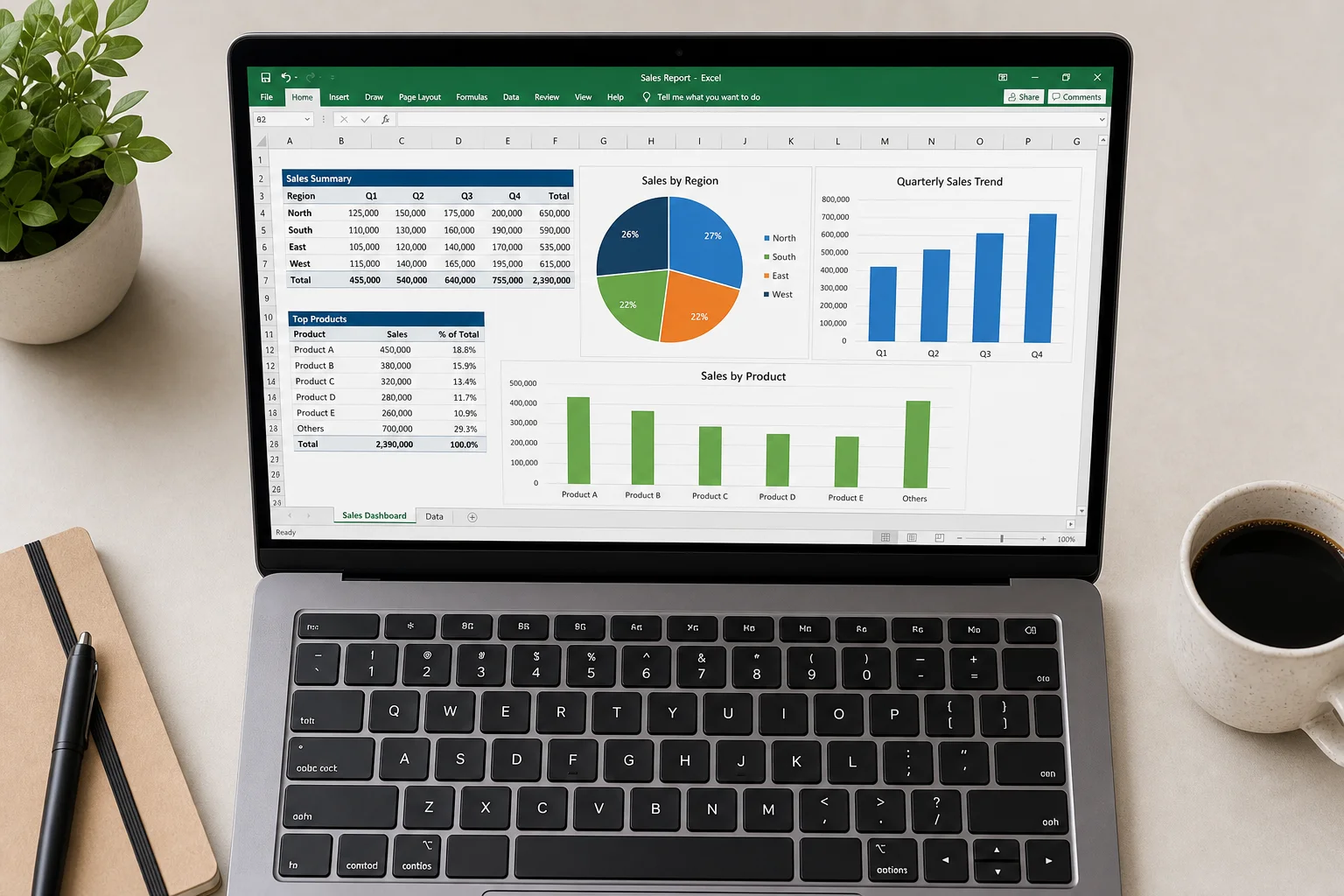 筆記型電腦螢幕上顯示 Excel 試算表，包含資料表格、圓餅圖與長條圖