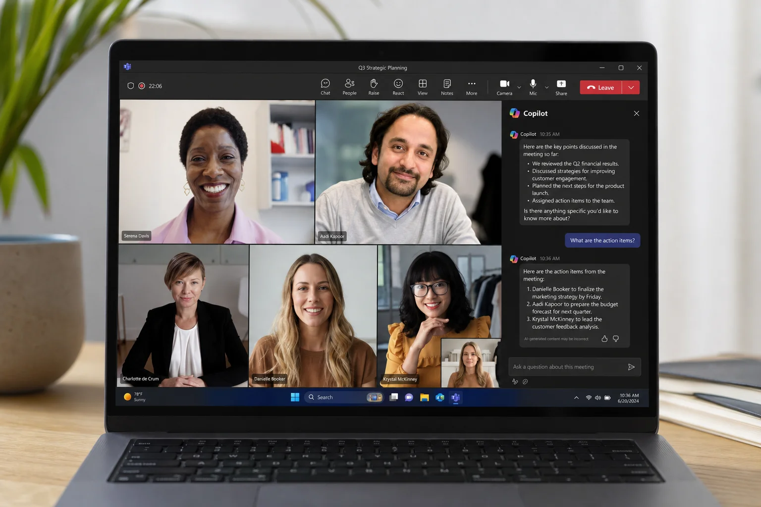 Microsoft Teams 會議介面，顯示參與者視訊畫面與 Copilot 聊天側邊欄