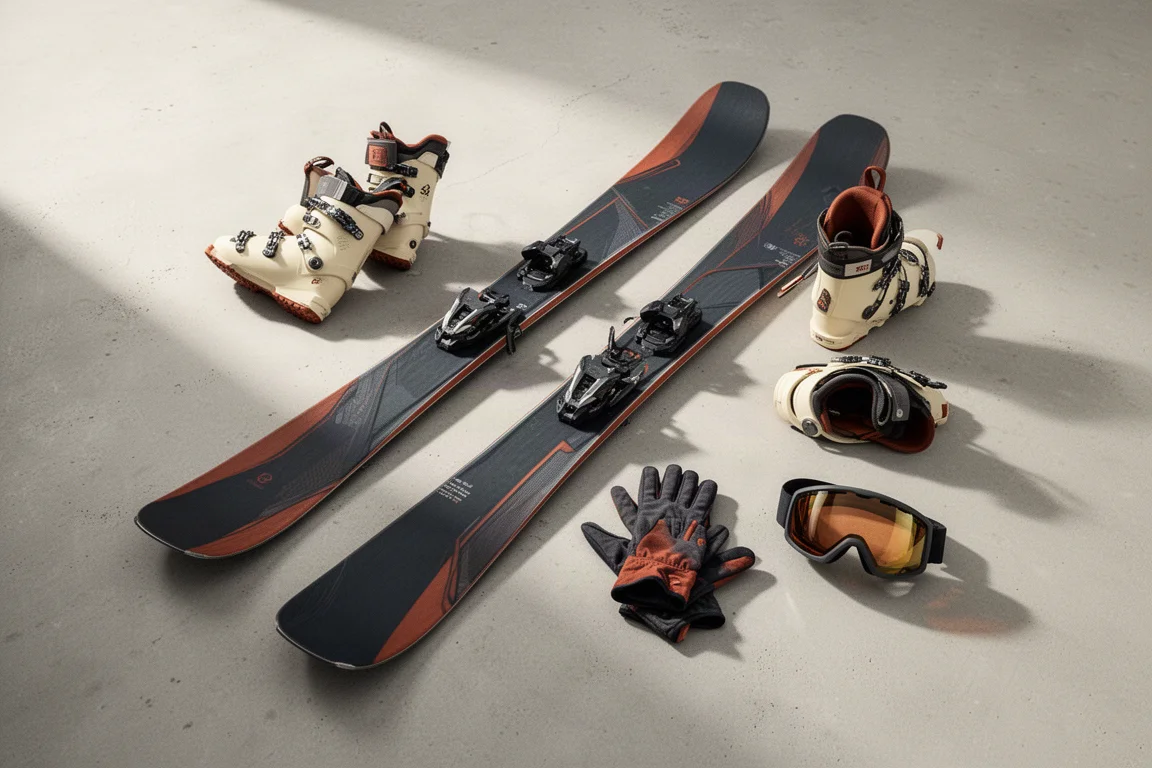 Overhead flat-lay of wide freeride skis, boots, gloves and goggles on pale concrete