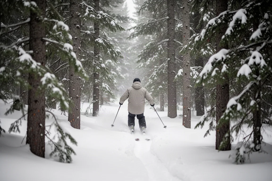 Skier weaving between tightly spaced evergreen trees in fresh powder snow