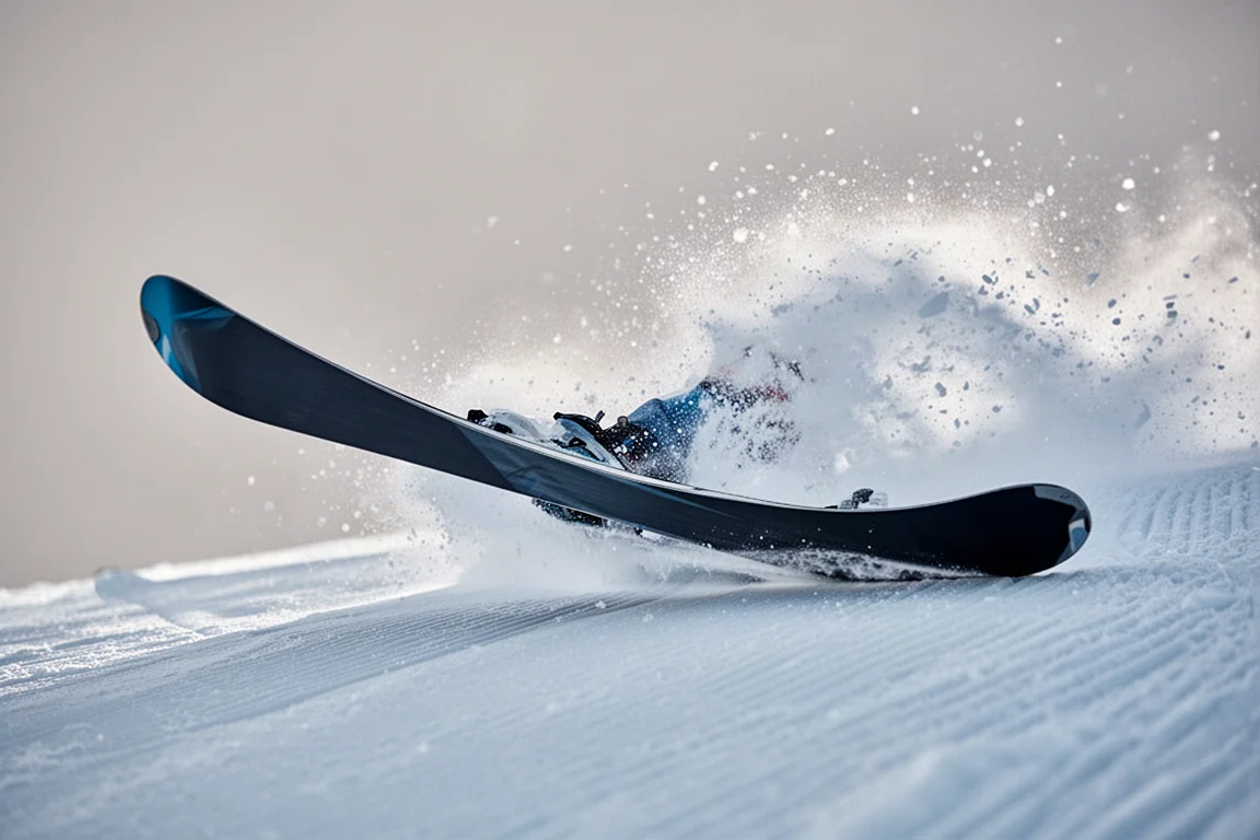 Wide ski tipped on edge carving into firm groomed snow and spraying crystals