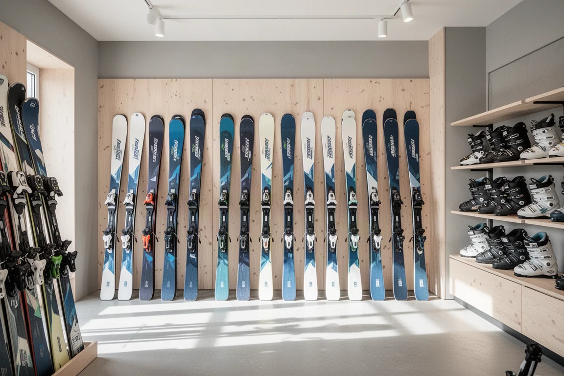 Wall of freeride skis arranged by length in a bright ski shop interior