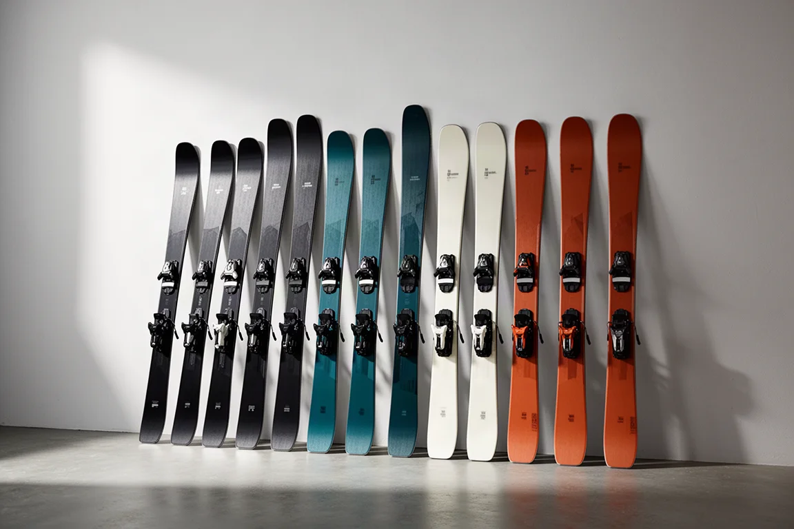 Row of freeride skis standing upright against a pale grey studio wall