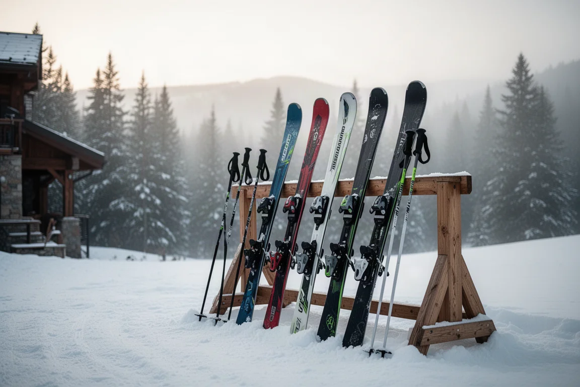 Freeride skis and poles leaning in a snow-covered rack outside a mountain lodge