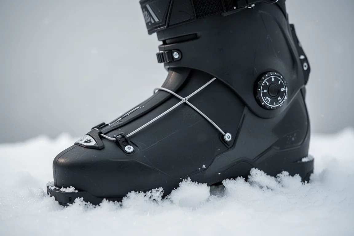 Close-up of a touring ski boot cable and dial detail resting on packed snow