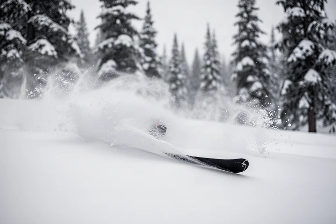 Wide powder ski cutting through deep snow with a spray of powder behind it