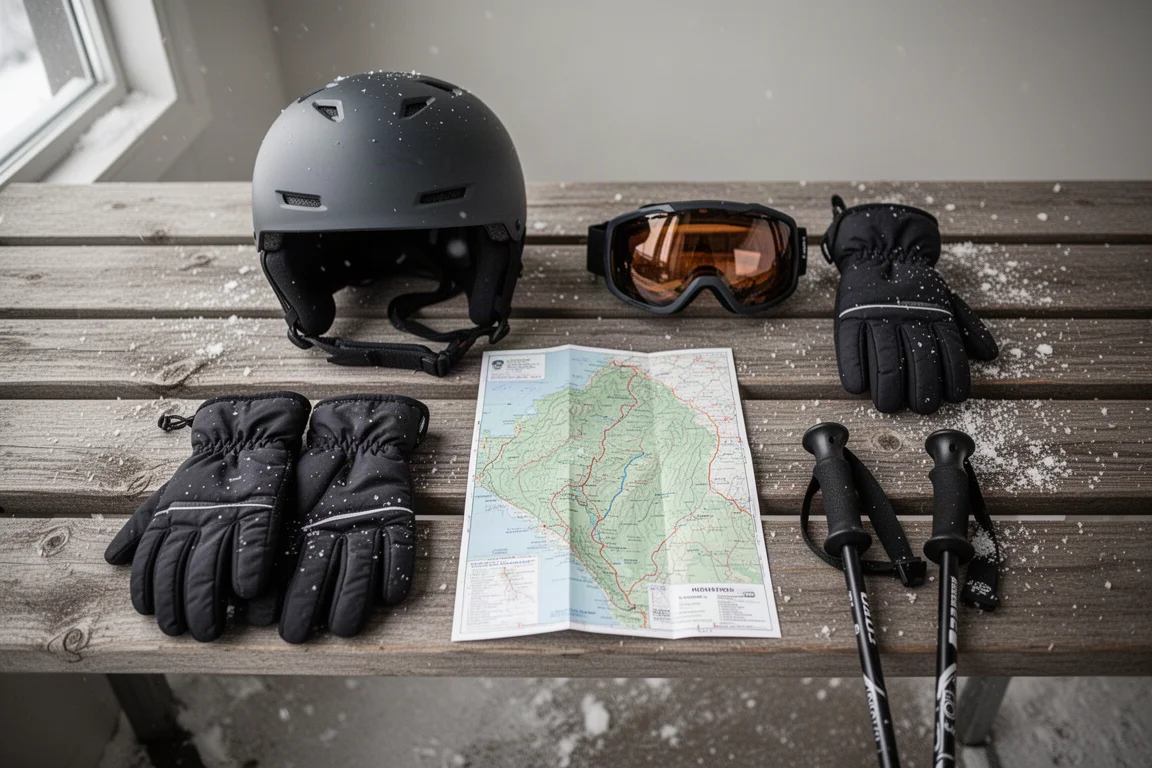Overhead flat-lay of ski helmet, goggles, gloves, and pole grips on a wooden bench