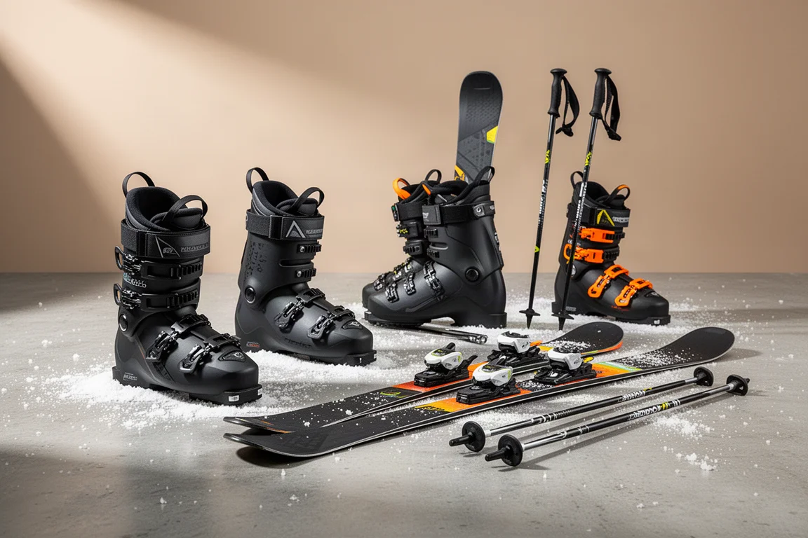 Ski boots, freeride skis, and ski poles arranged on a snow-dusted concrete surface