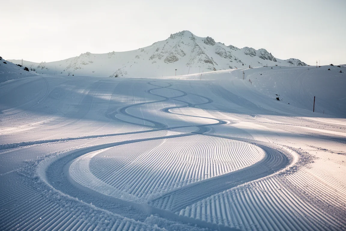 Ampia pista appena battuta con lunghi archi tallonati e una cresta montuosa sullo sfondo