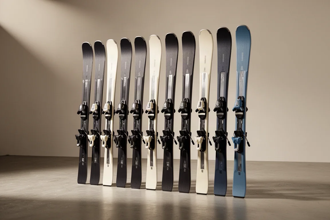 Row of fourteen mid-80 waist ski pairs standing upright on a matte concrete floor