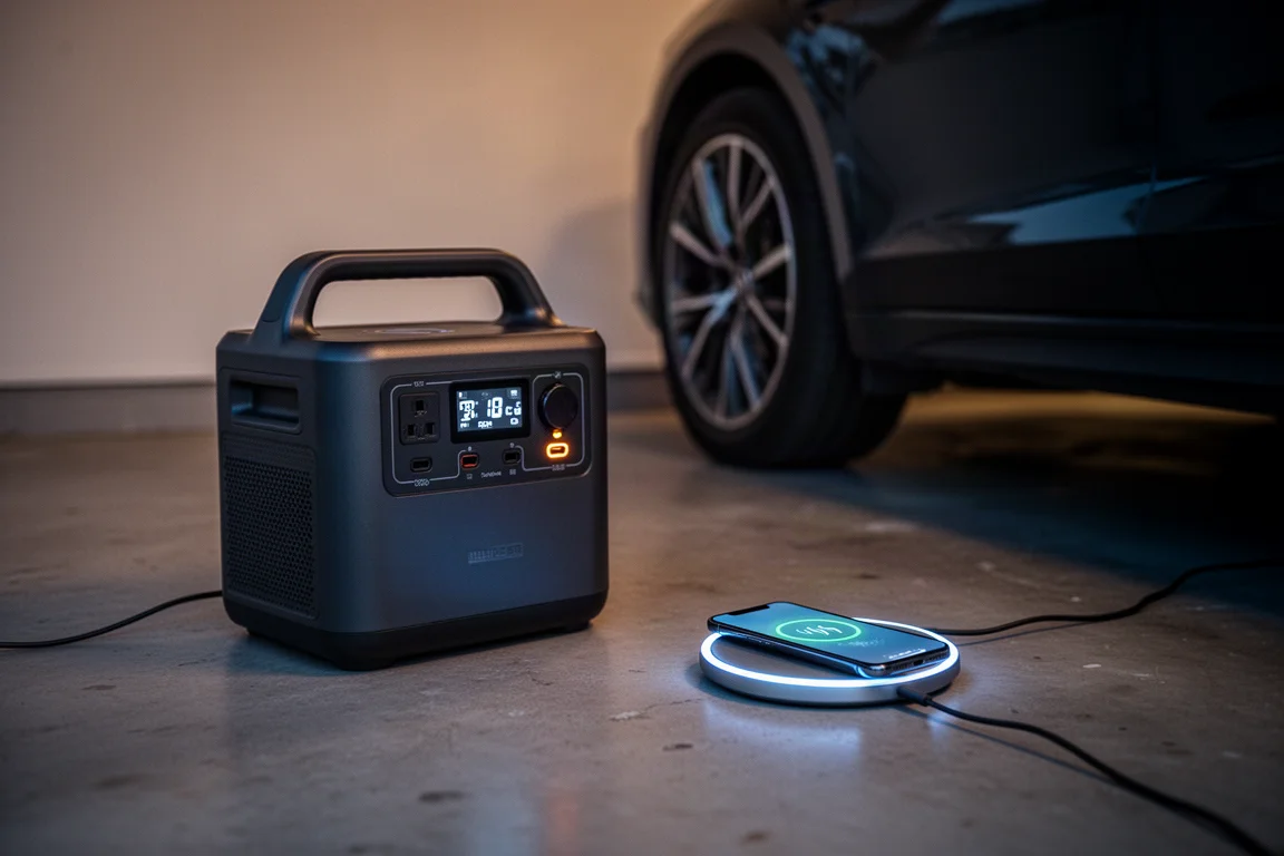 Een draagbare powerstation laadt een telefoon op op de garagedevloer naast een geparkeerde auto