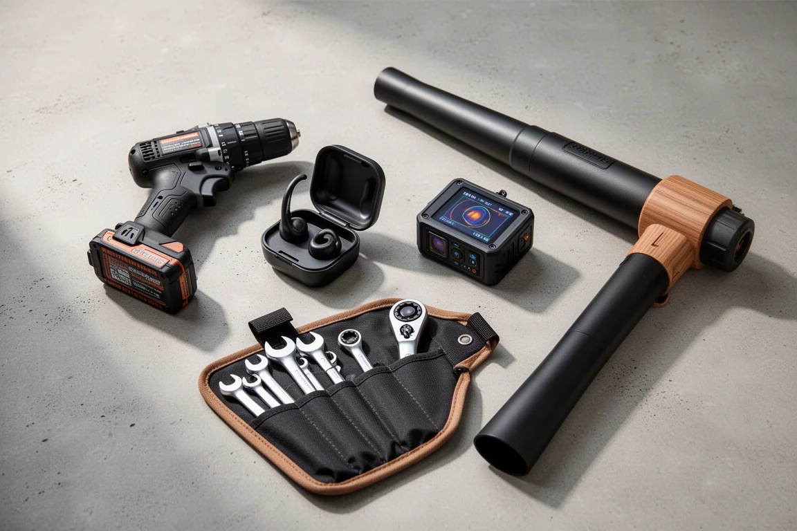 Flat-lay of a drill, headphones case, thermal camera, wrenches, and blower on concrete