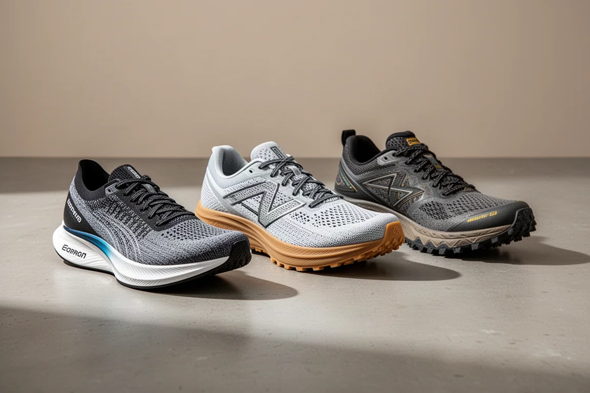 Three running shoes including a carbon racer and a trail shoe on a concrete surface