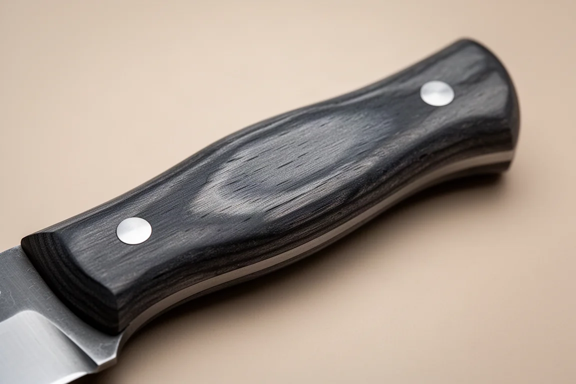 Nahaufnahme eines Messergriffs aus anthrazitfarbenem Birkenfurnier mit glatten Nieten und Maserung