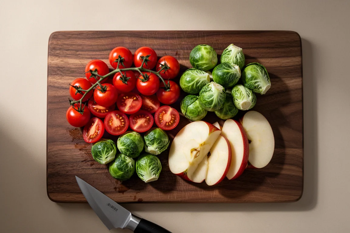 Kirschtomaten und Rosenkohl nach der Zubereitung auf einem dunklen Schneidebrett arrangiert