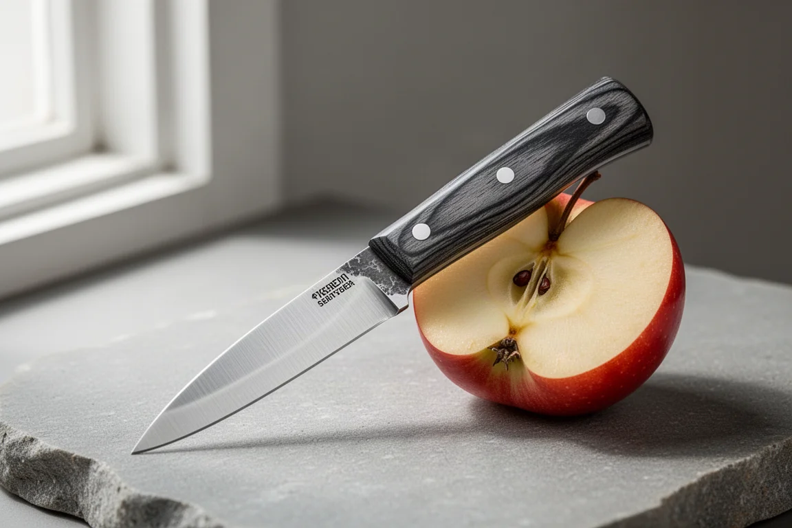 Small hand forged paring knife with charcoal wooden handle beside a halved apple