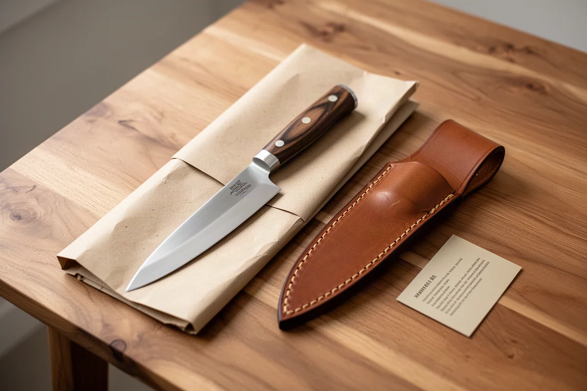 Handmade chef knife unwrapped from craft packaging on a wooden table