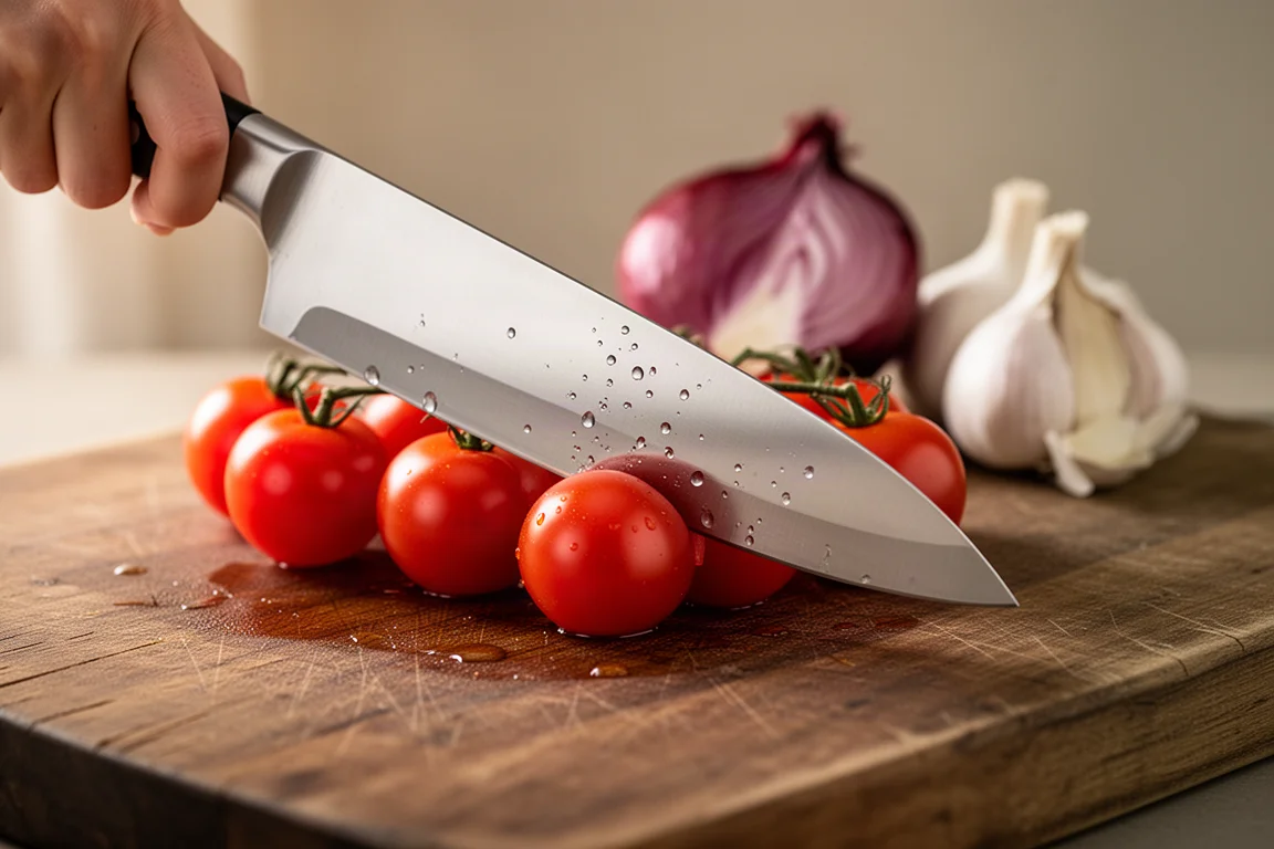 Chef knife slicing a ripe cherry tomato on a wooden cutting board