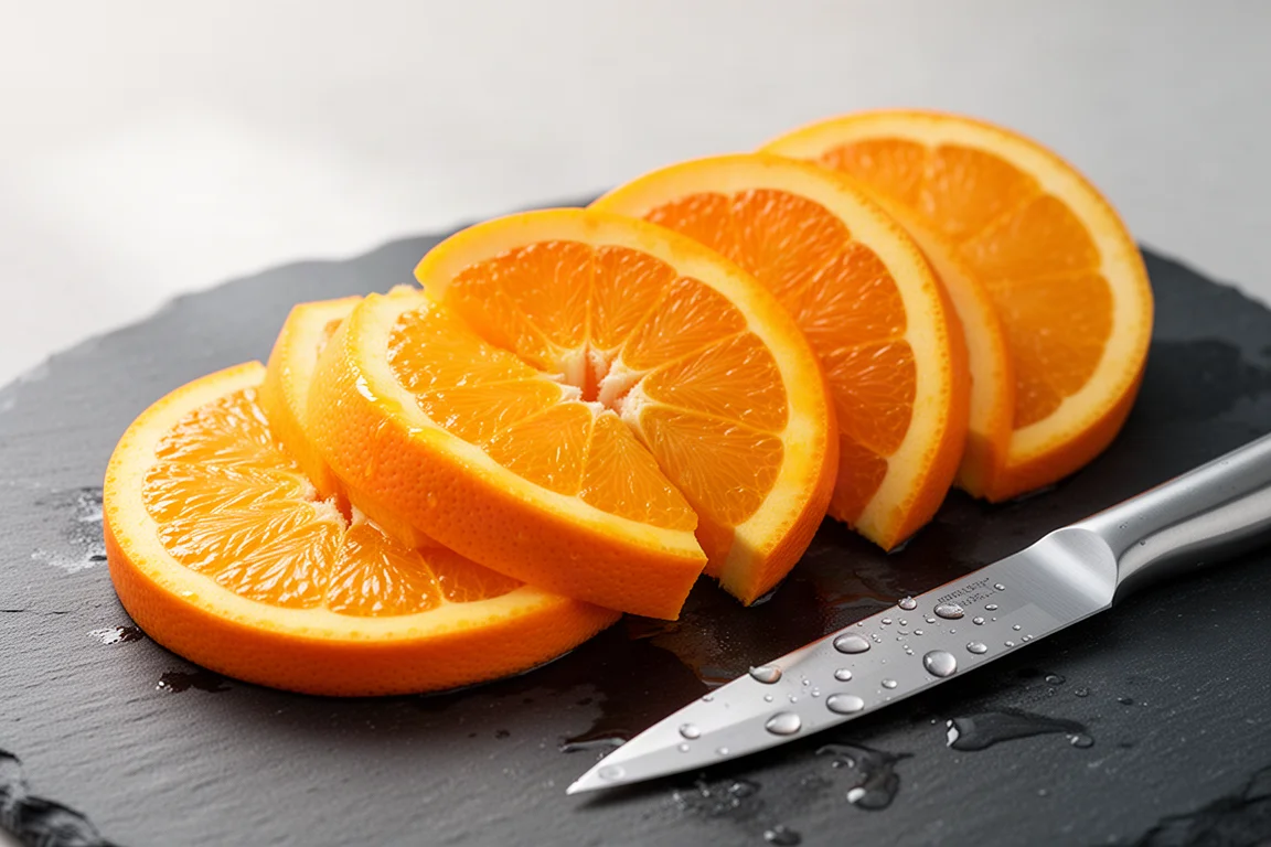 Thick pull slices cut from a fresh orange on a slate surface