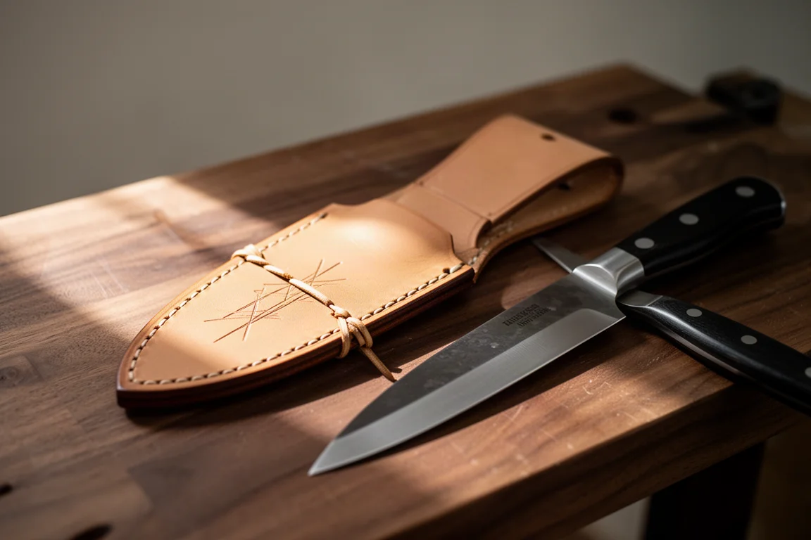 Fitted leather knife sheath beside a chef knife on a workbench
