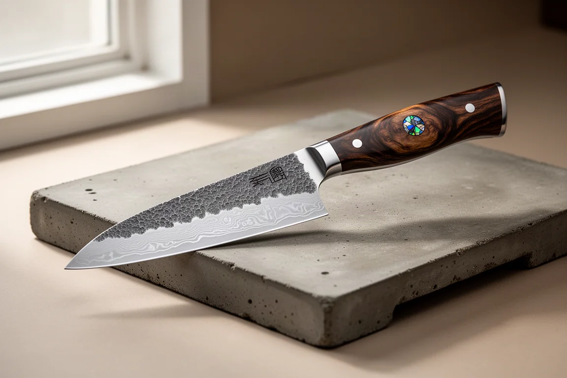 Handmade San Mai chef knife with maple burl handle on a concrete cutting board
