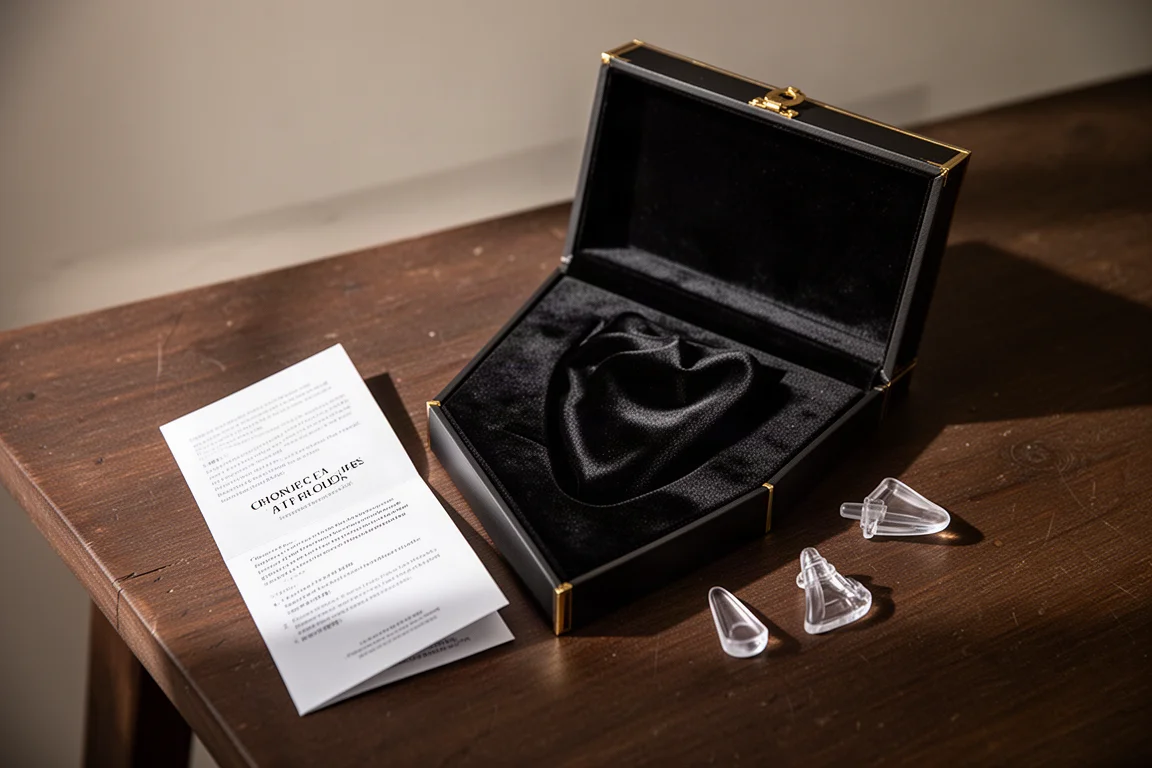 Chef's knife unboxed on a dark wooden table with packaging materials arranged around it