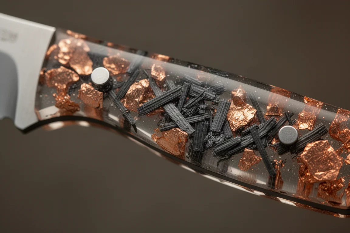 Close-up of a resin knife handle with copper and carbon fiber flakes suspended inside