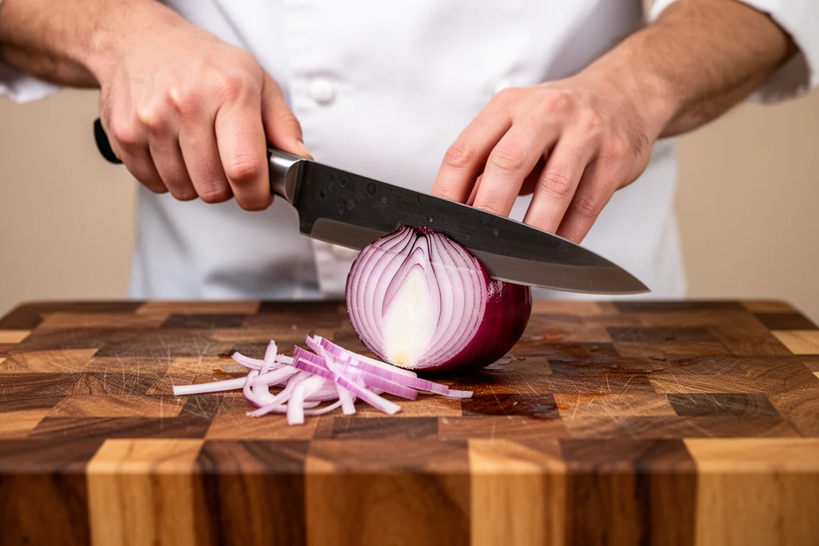 Chef slicing a red onion into thin lateral cuts on a wooden cutting board