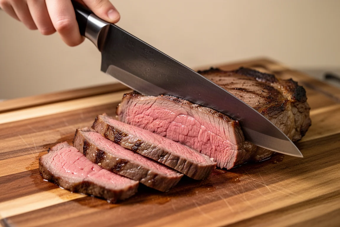 Chef's knife slicing cleanly through a thick ribeye steak on a cutting board