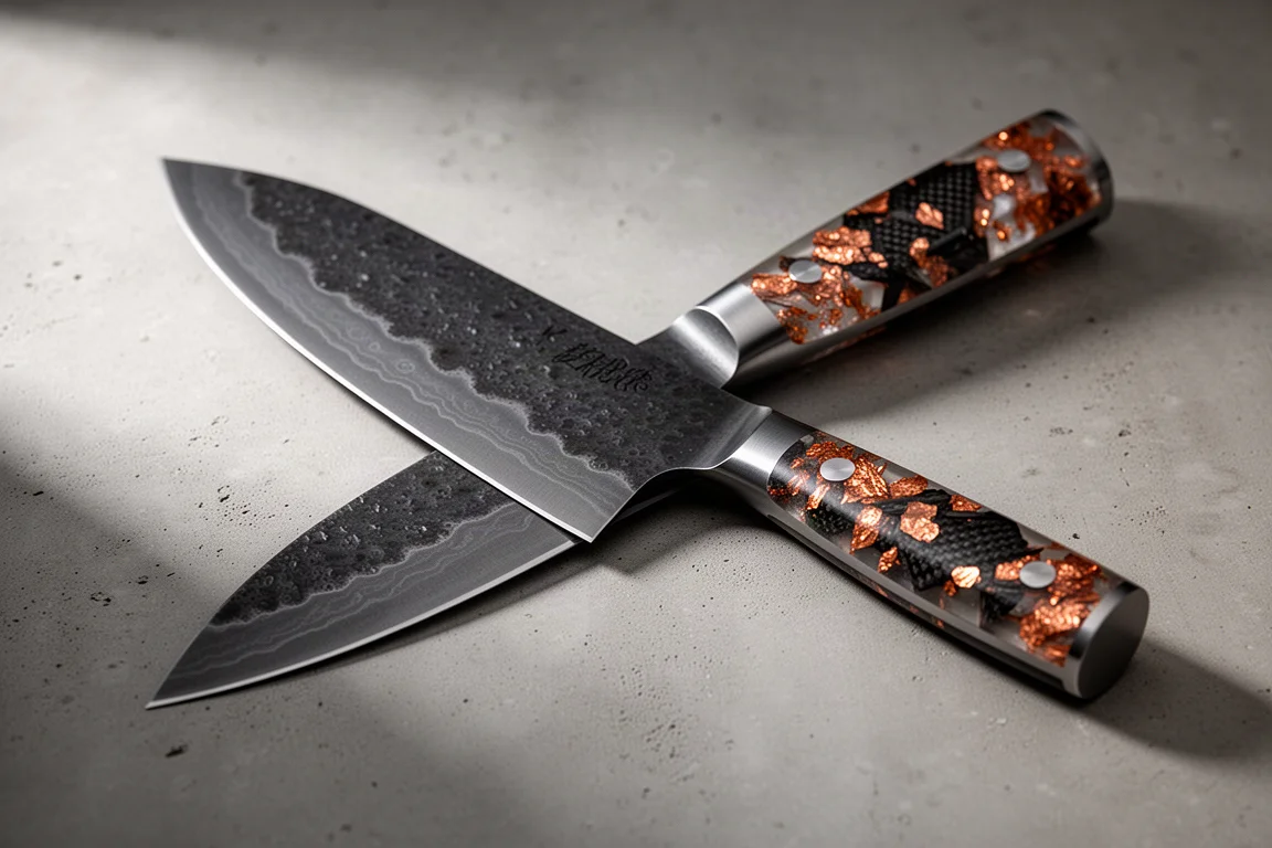 Dark-finished san mai chef's knife with copper and carbon fiber resin handle on concrete