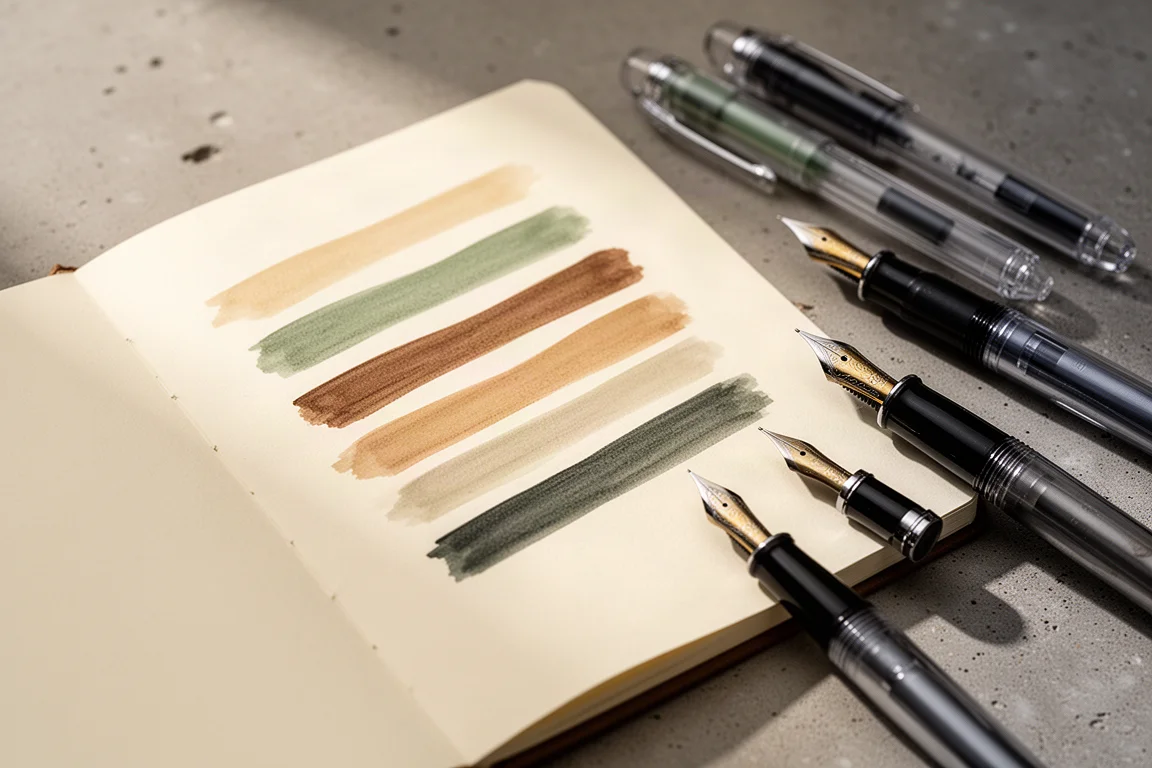 Primer plano de muestras de tinta secándose sobre papel de diario color crema