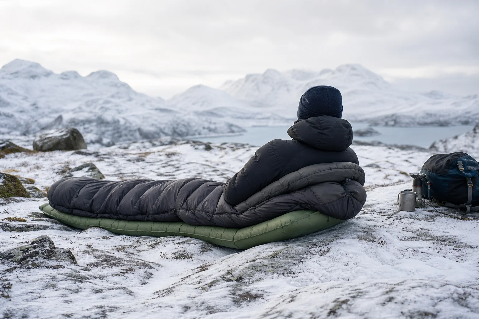 Camper in cold weather environment testing the sleep system outdoors