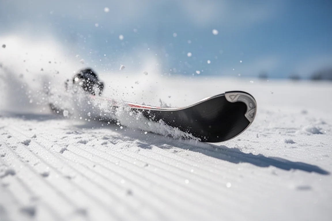 Närbild på en skidkant som skär i preparerad snö
