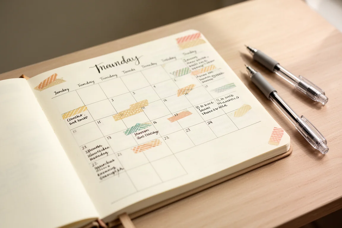 Geöffneter B6-Planer mit handgezeichneter Monatskalender-Seite und Washi-Tape-Akzenten