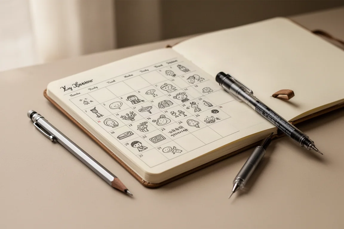 Kleines A6-Journal, geöffnet auf einem Monatskalender voller kleiner täglicher Doodles