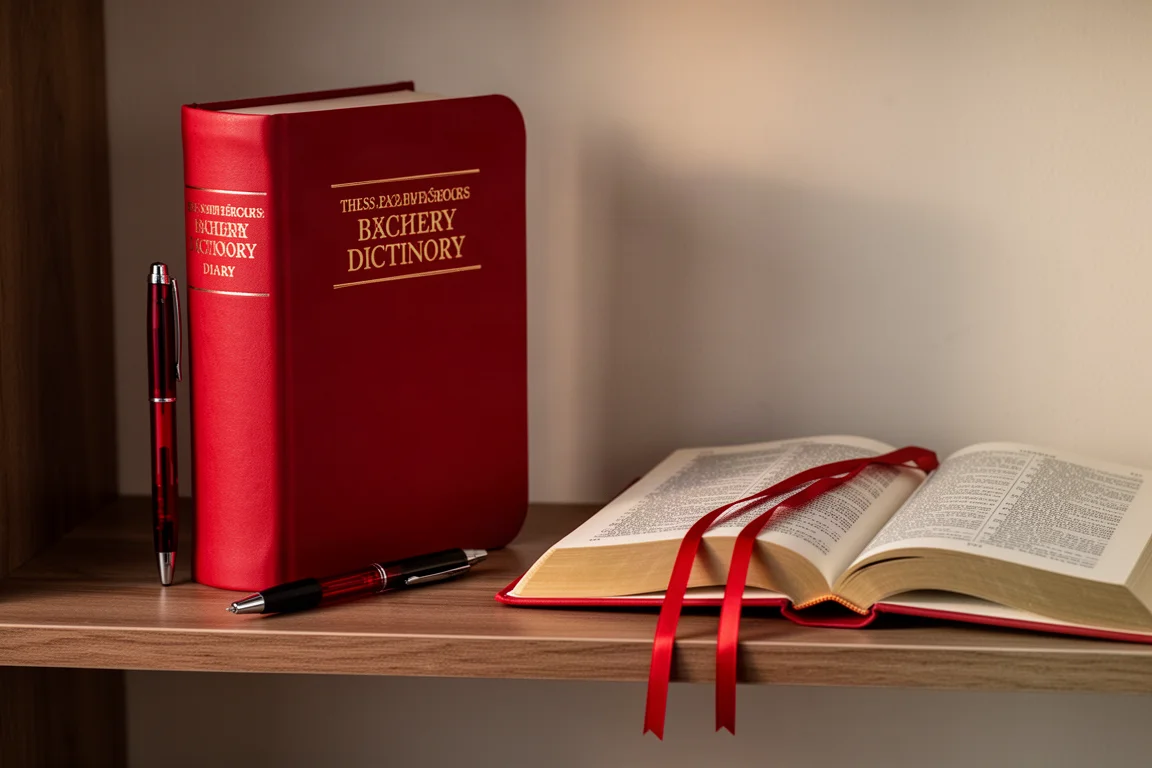 Dickes rotes Hardcover-Tagebuch steht auf einem Regal, daneben ein Gelstift