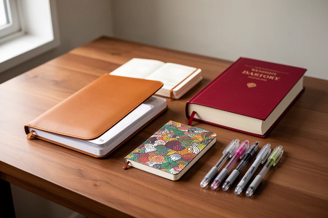 Composizione flat-lay di planner, un diario rosso decennale e penne gel su una scrivania di legno