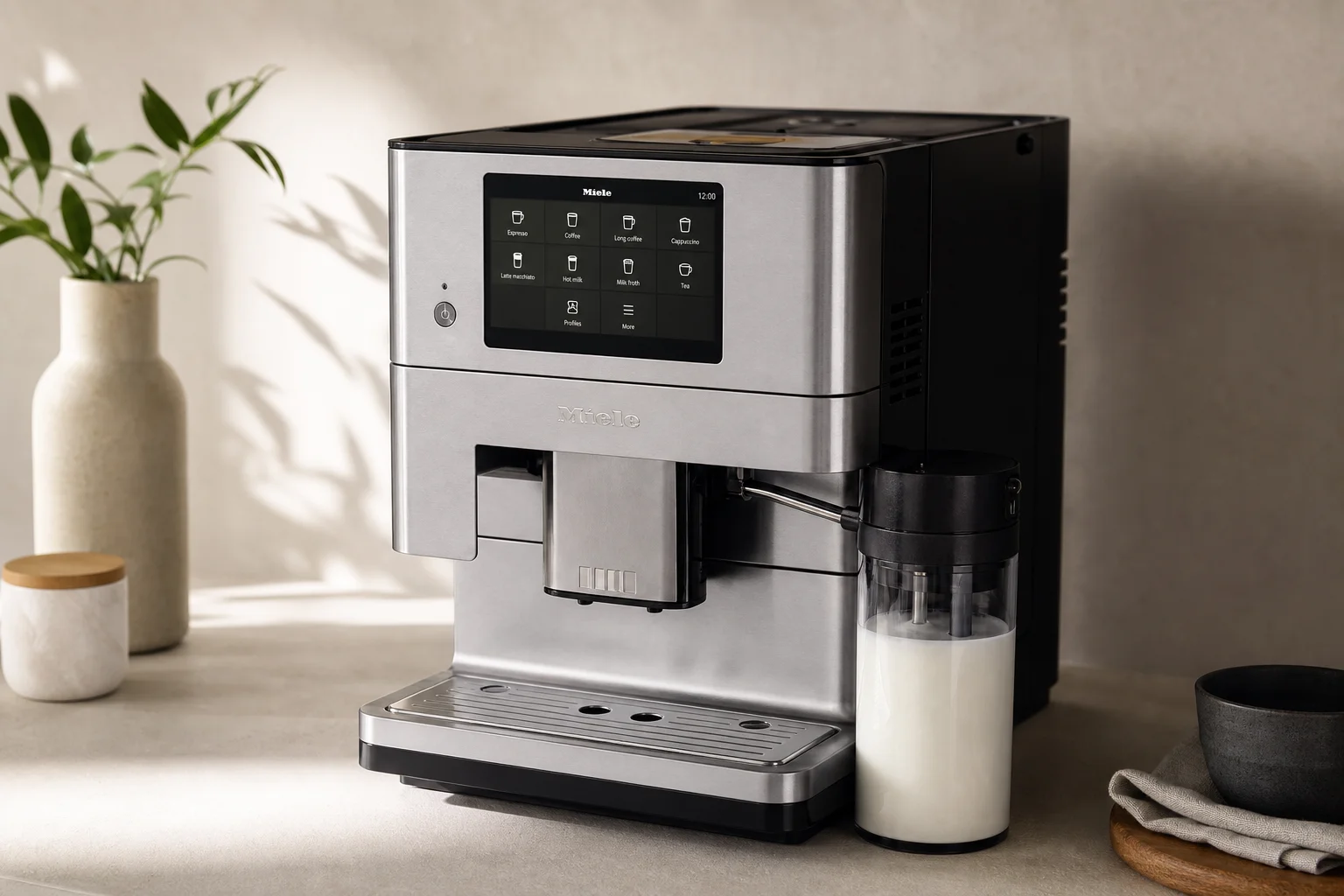 Five coffee makers with integrated grinders arranged on concrete surface