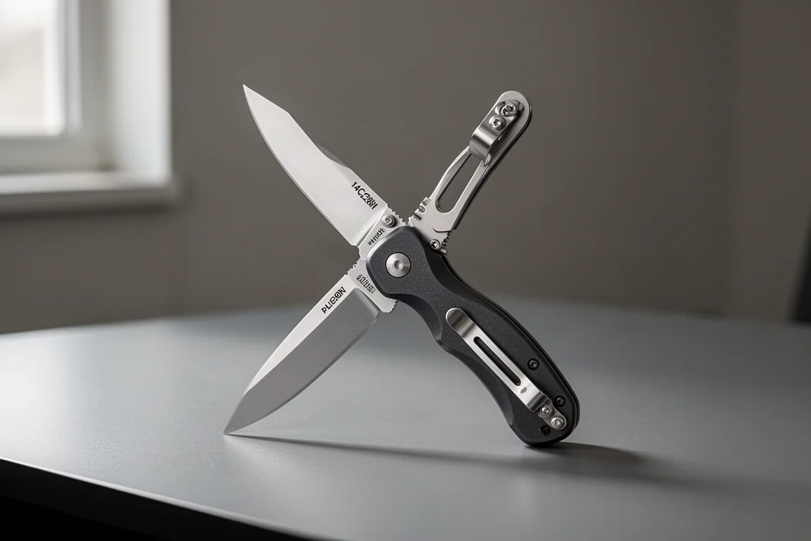 Navaja plegable compacta con clip reversible mostrada abierta sobre un escritorio