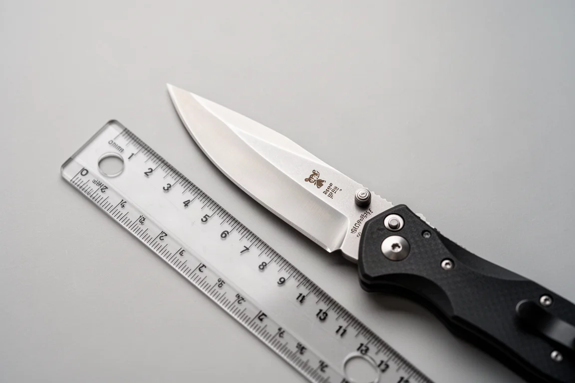Messung der Klingenlänge eines Klappmessers mit einem transparenten Lineal