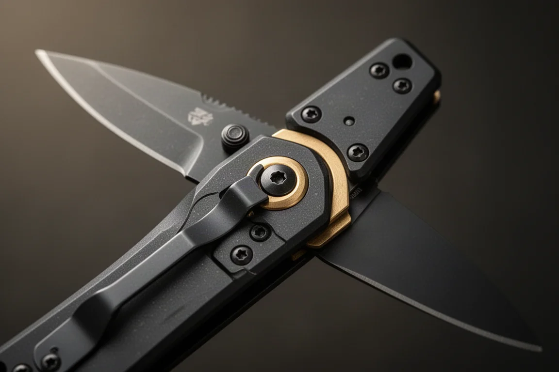 Liner-Lock-Klappmesser halb geöffnet, mit sichtbarem Verriegelungsbalken und Konstruktion