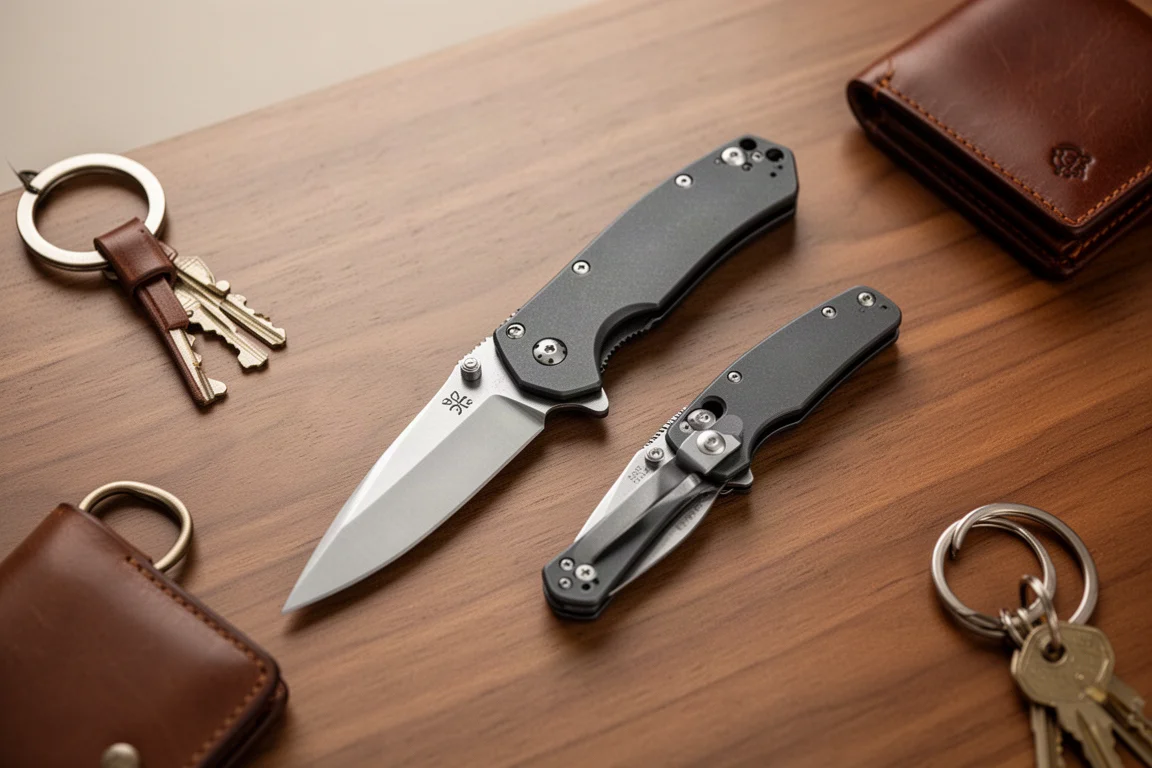 Everyday-Carry-Flat-Lay mit Klappmessern und kleinem Equipment auf einer Holzoberfläche