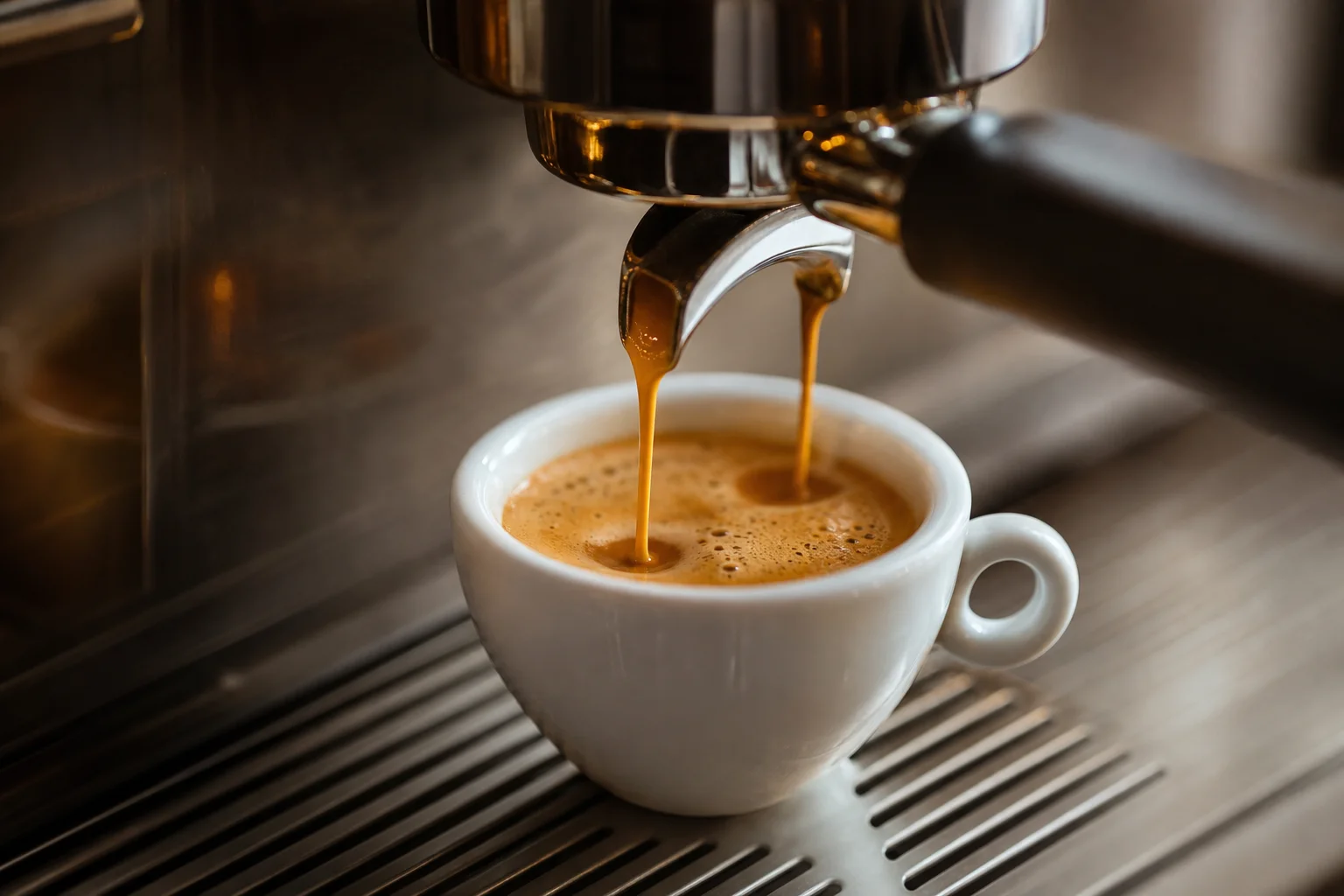 Close-up of espresso extraction with rich crema in a small white cup