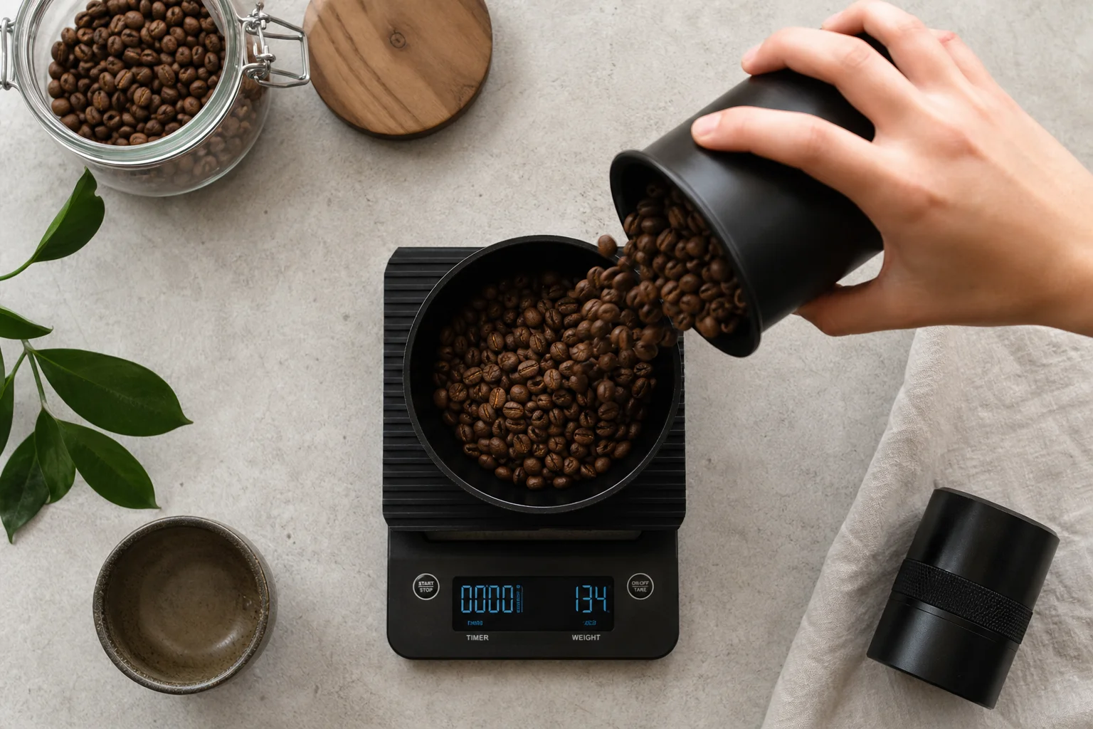 Hands measuring coffee beans on a digital scale before grinding