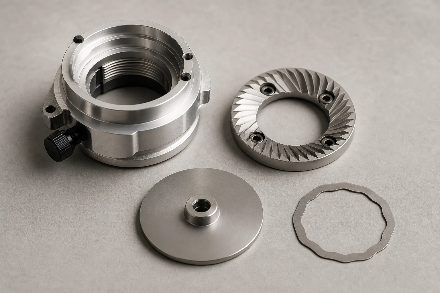 Disassembled grinder burr chamber showing flat burrs and internal components